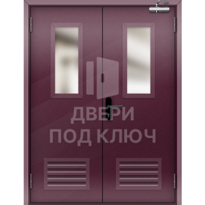 Остекленная двупольная противопожарная дверь 2-го типа с вентиляционной решеткой ДПК-17498